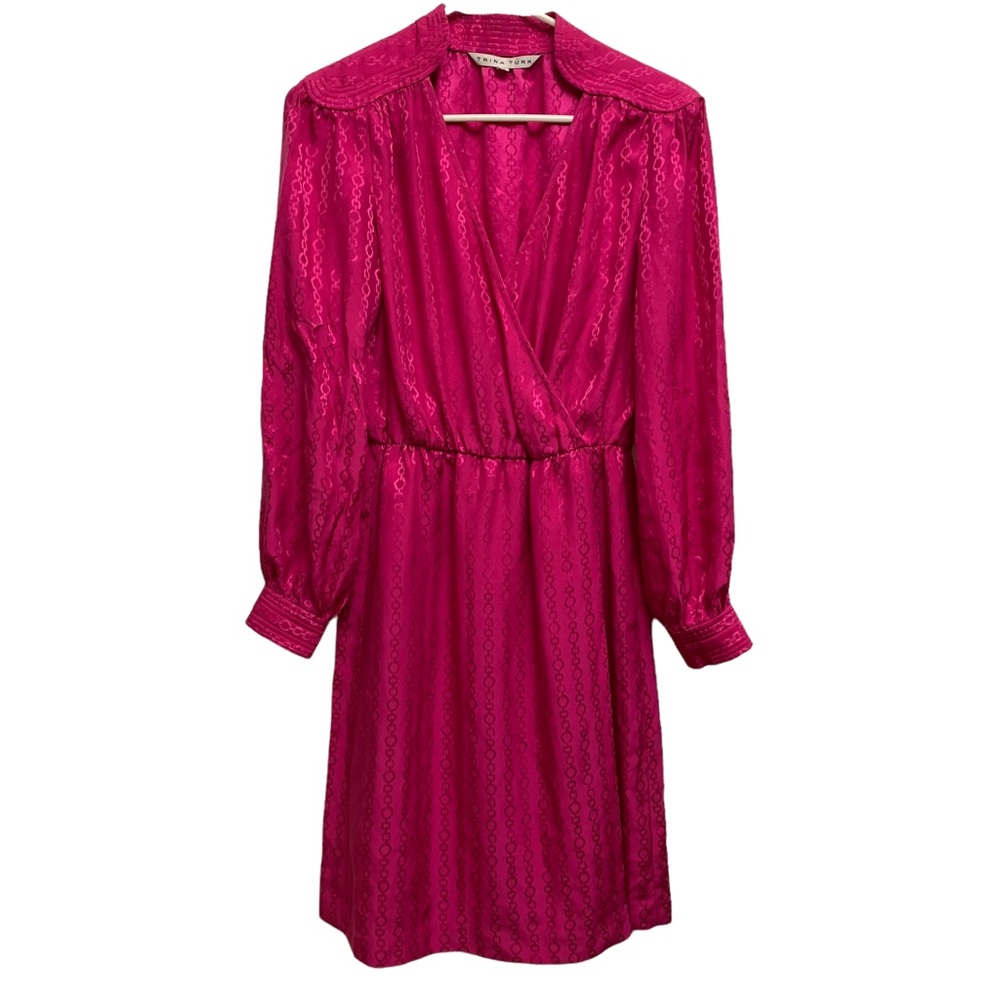 Trina Turk Silk Hot Pink Surplice Dress Chain Print Long Sleeve Size 2